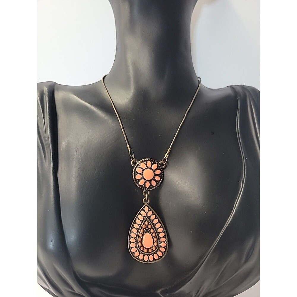 Vintage Teardrop Pendant Necklace Coral Enamel Brass Tone Tribal Statement